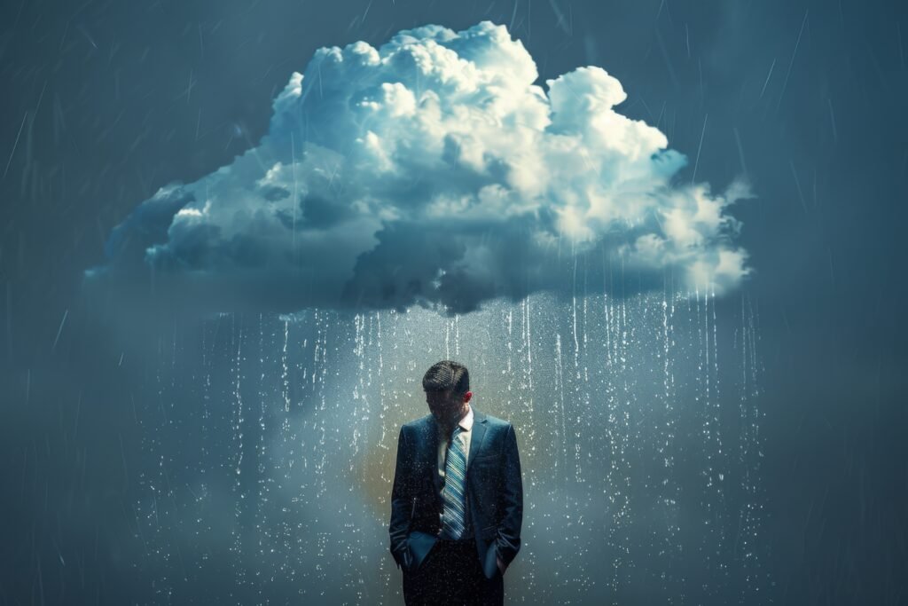 Businessman, standing under rain, unlucky, stress, misfortune, concept.