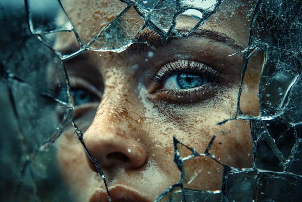 Shattered mirror reflecting a distressed face.