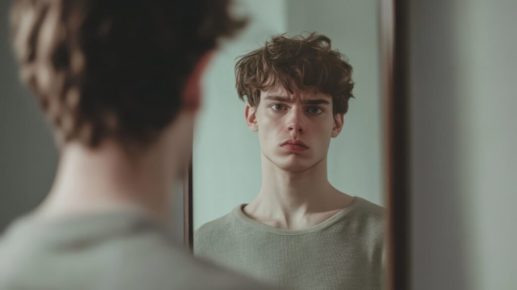 Person reflecting on self-doubt, facing inner struggle.
