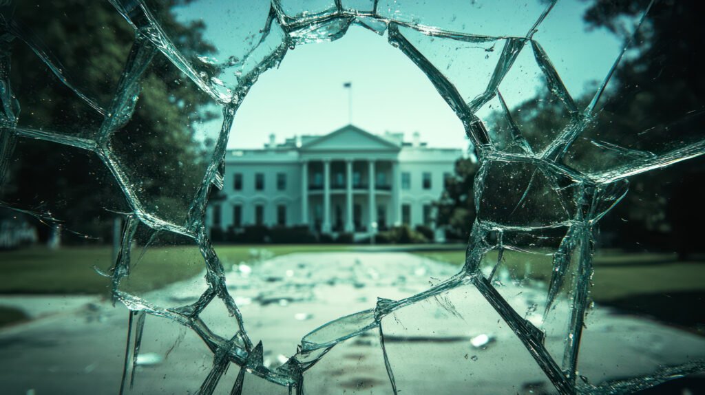 The White House seen through shattered glass - pessimistic view on future of democracy.