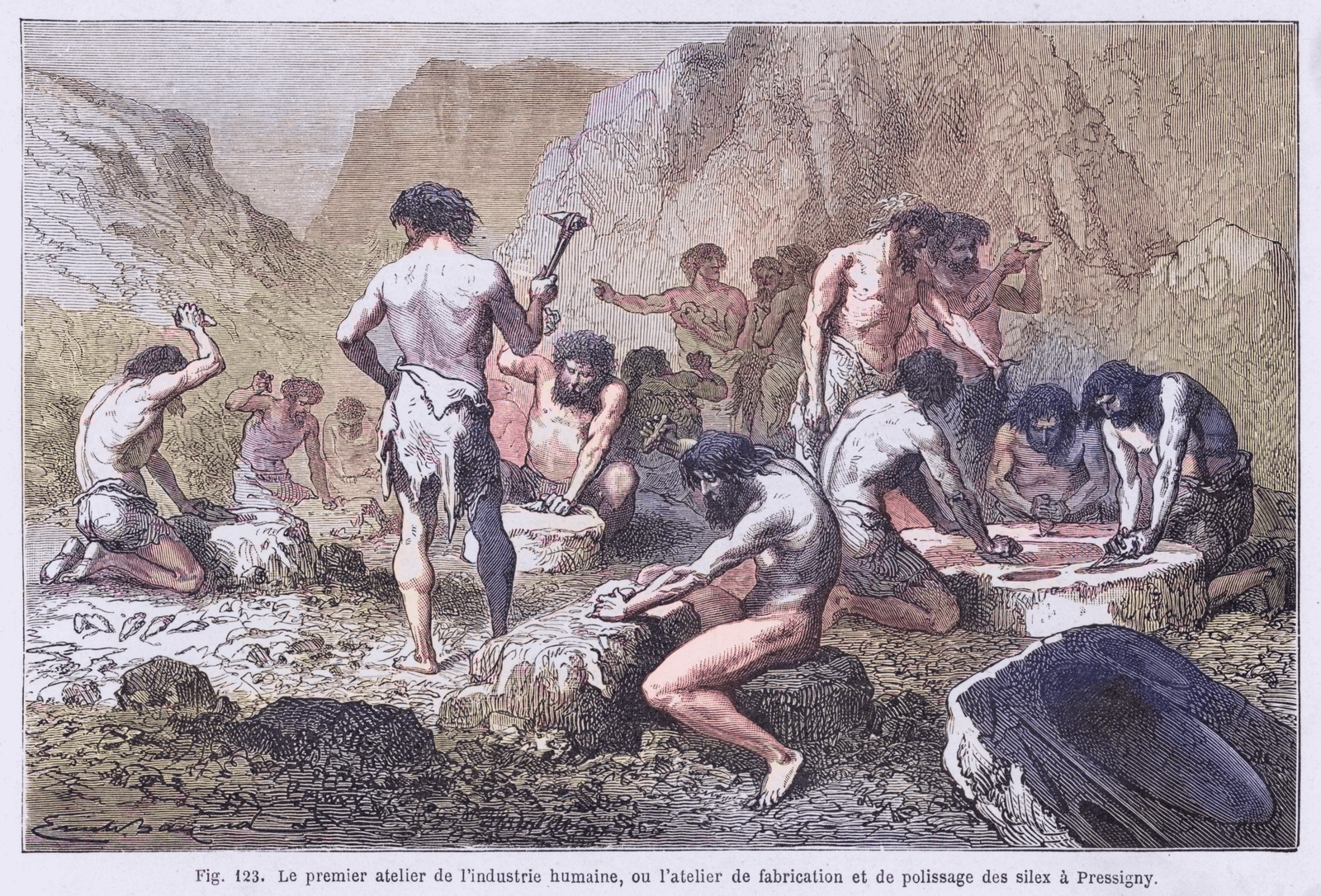 The first French human industry, the flint and polishing workshop in Pressigny, ca. -3000.