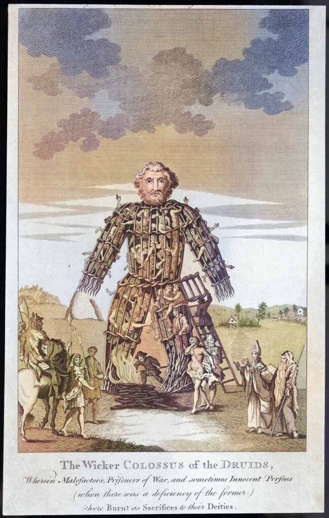 An 18th century illustration of a wicker man, the form of execution that Caesar wrote the druids used for human sacrifice.