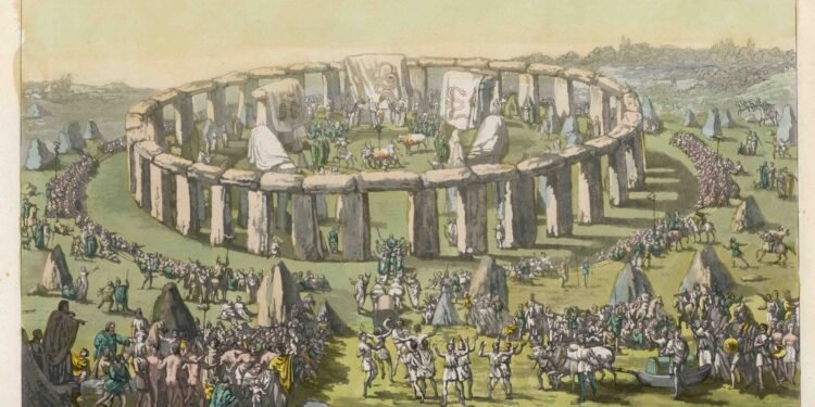 The monumental sarsen stones of Stonehenge's main construction occurred during the transition from the New Stone Age into the Early Bronze Age (c. -2500 to -2000), predating the classical Iron Age.