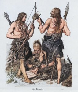 Stone Age men treat their wounds after hunting. Date ca. -3000.