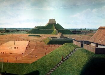 Cahokia Mounds UNESCO reconstruction. CC BY 2.0, via Wikimedia Commons.