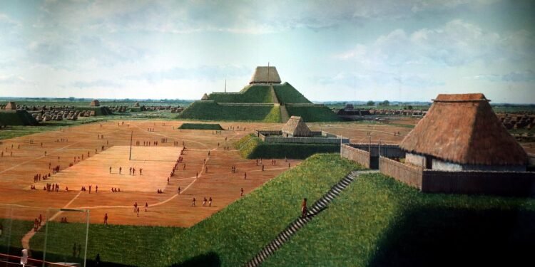 Cahokia Mounds UNESCO reconstruction. CC BY 2.0, via Wikimedia Commons.
