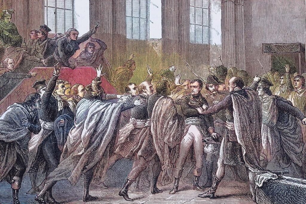 General Napoleon Bonaparte surrounded by members of the Council of Five hundred during the 18th Brumaire coup d'etat. 10th November 1799.