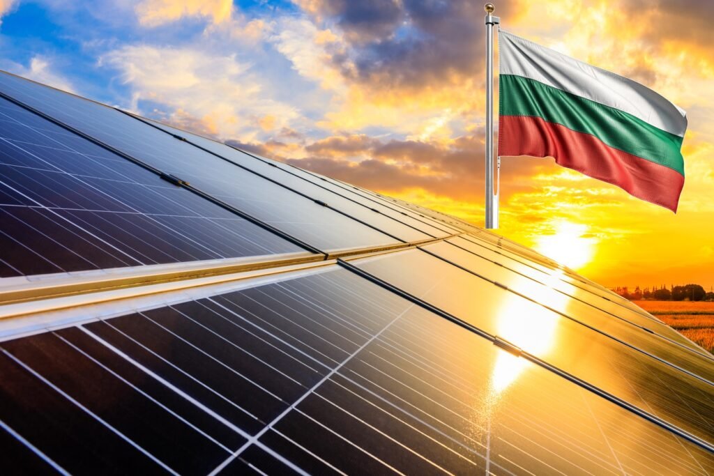 Photovoltaic solar panels and Bulgarian flag.