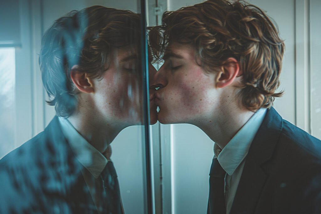 Narcissism concept, a man kissing his own image in the mirror.