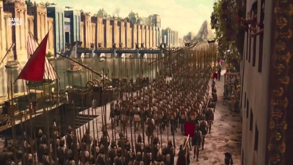 Centralized civilization State army marching along the river bank.