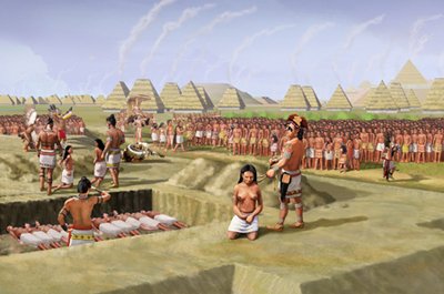 An illustration of the ritual sacrifice by strangulation of 53 of young women (aged 15 to 25) at the Mound 72 burial of an important personage, now referred to as the "Birdman" because of the falcon shaped arrangement of beads around his body.  Mound 72 is a ridgetop mound at the Cahokia Mounds Site, a large Mississippian culture mound center located in present day Madison County, Illinois.