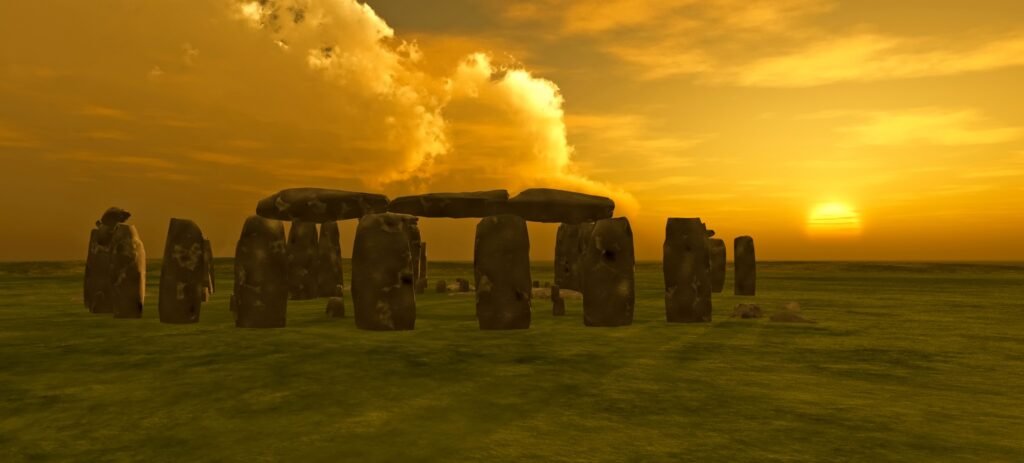 Historical artistic depiction of ancient builders erecting the monumental sarsen stones of Stonehenge in Wiltshire, England.