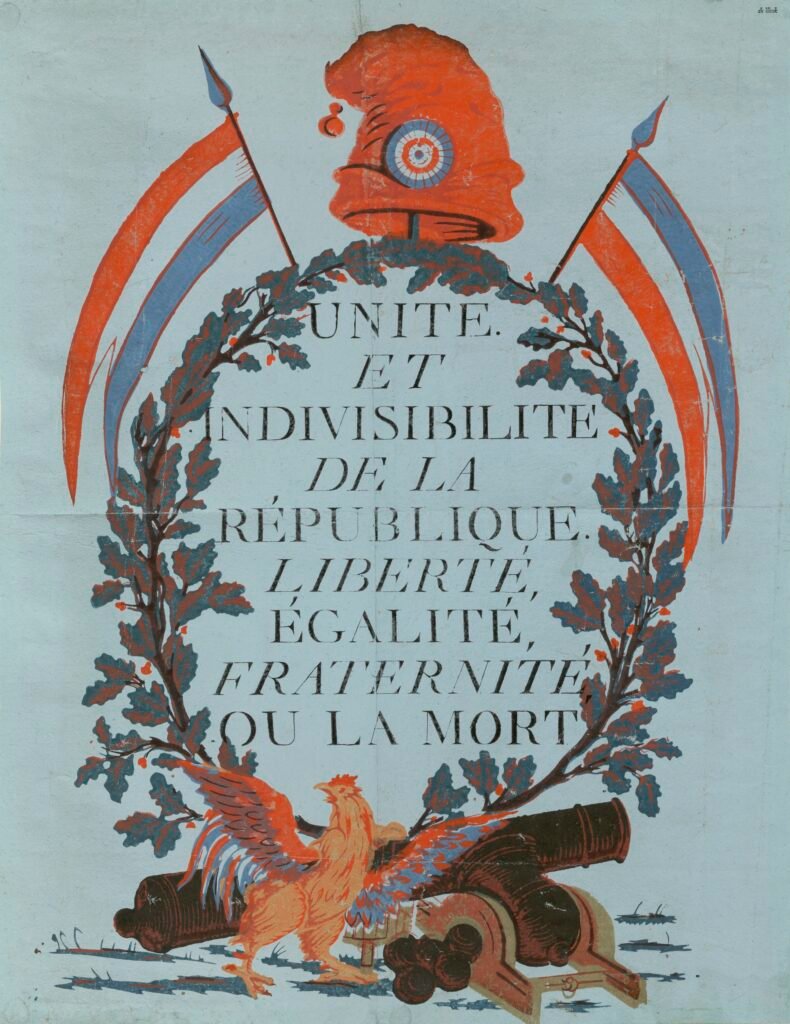 The republican motto in a wreath of oak and tricolor flags, supported on a lictor's fasces and surmounted by a Phrygian cap . In the foreground, a Gallic rooster, a cannon and a bell.