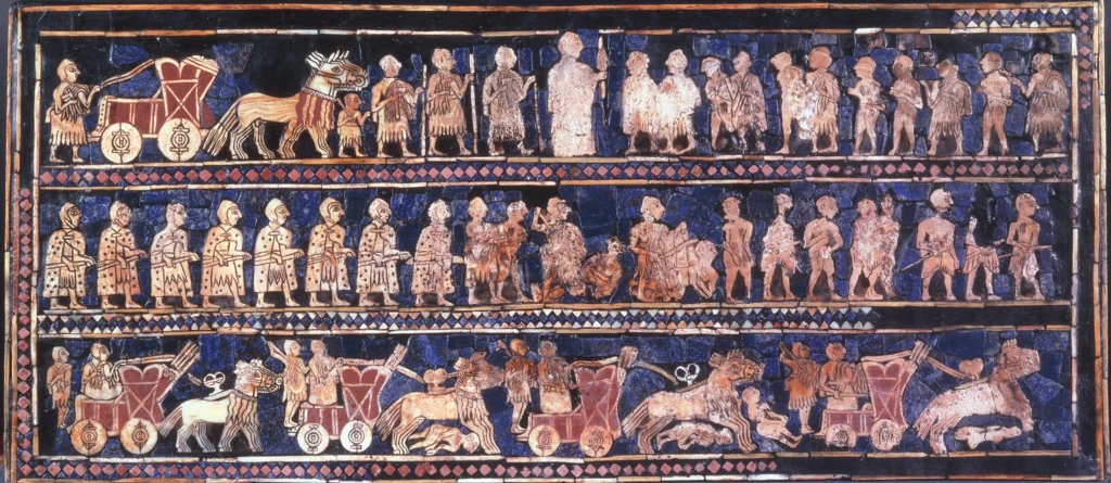 War side of the Standard of Ur from tomb 779 Royal Cemetery Ur ca 2600-2400 BCE  Wood British Museum.