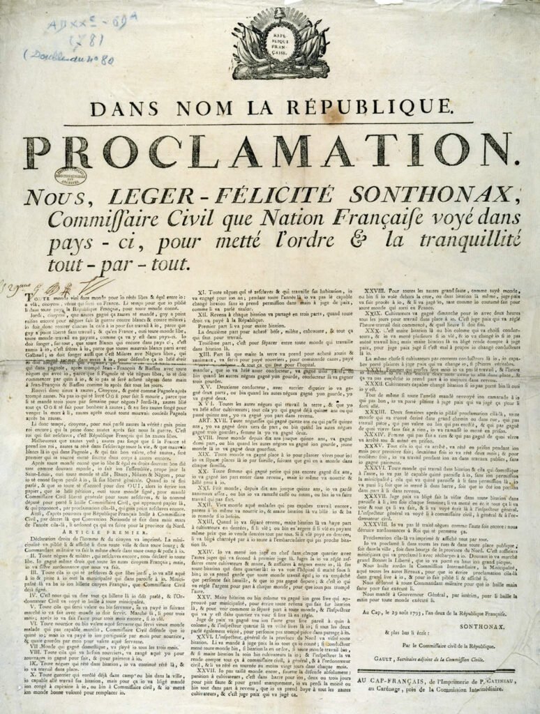 Proclamation of the abolition of slavery by Sonthonnax, Commissioner of the Republic, in Creole. August 29, 1793.