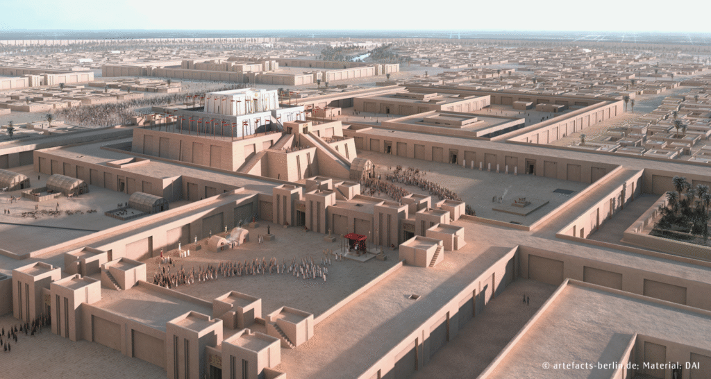The image shows a loose reconstruction of a religious ceremony in Uruk. A row of priests follow the king on his way to the central ziggurat. Outside of the holy district, the whole city celebrates.
