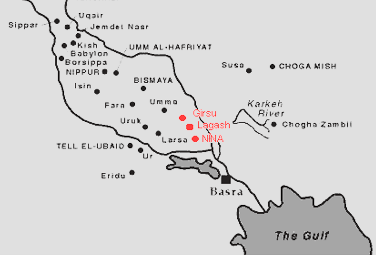 Sumer lay in southern modern Iraq, where the Tigris and Euphrates rivers meet and flow into the Persian Gulf. Mesopotamia means between the rivers. Marcus Cyron, CC BY-SA 3.0, via Wikimedia Commons